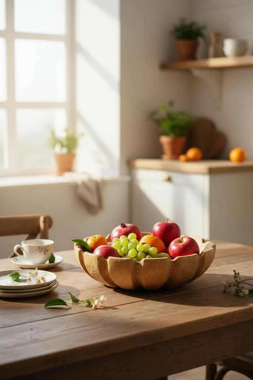 Round wooden bowl in flower shape – handmade solid wood bowl, decorative fruit bowl & home accessory - Ø45 cm