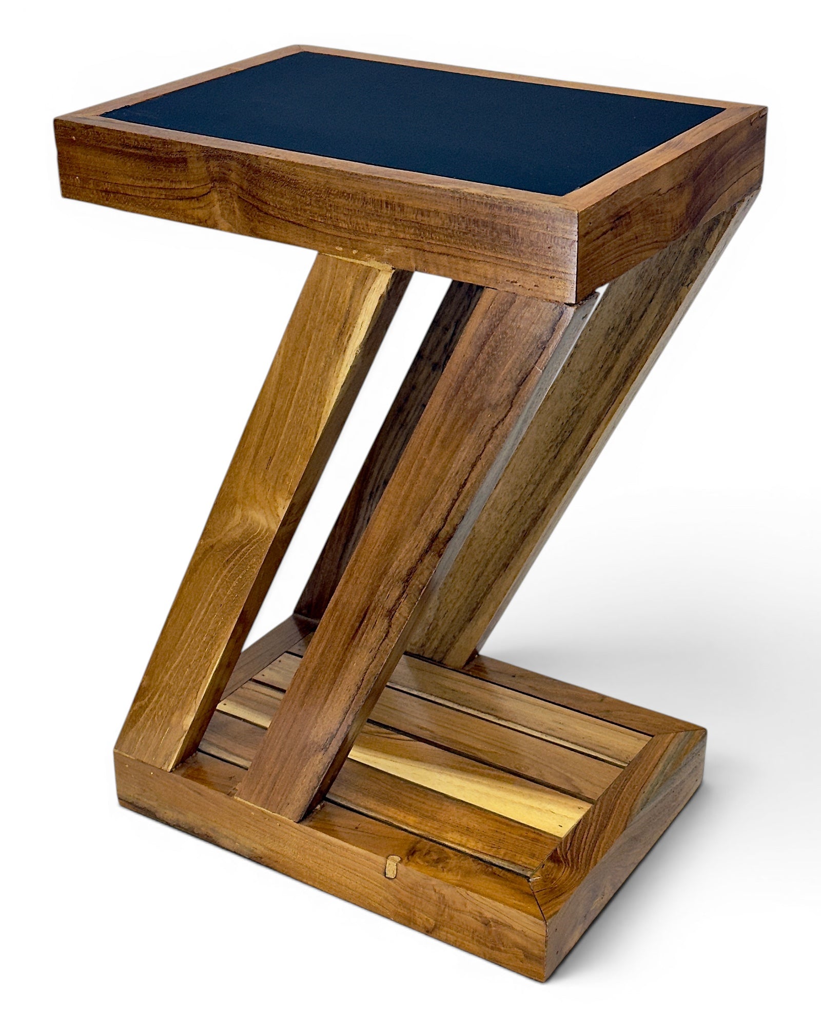 Teakholz Beistelltisch – Z-Design mit schwarzer Platte – Handgefertigt – Natürliche Holzmaserung – 50x35x25 cm