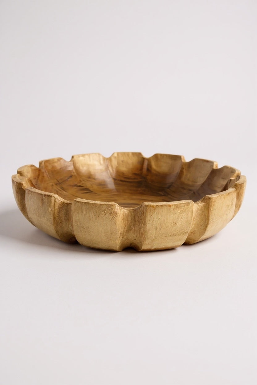 Round wooden bowl in flower shape – handmade solid wood bowl, decorative fruit bowl & home accessory - Ø45 cm