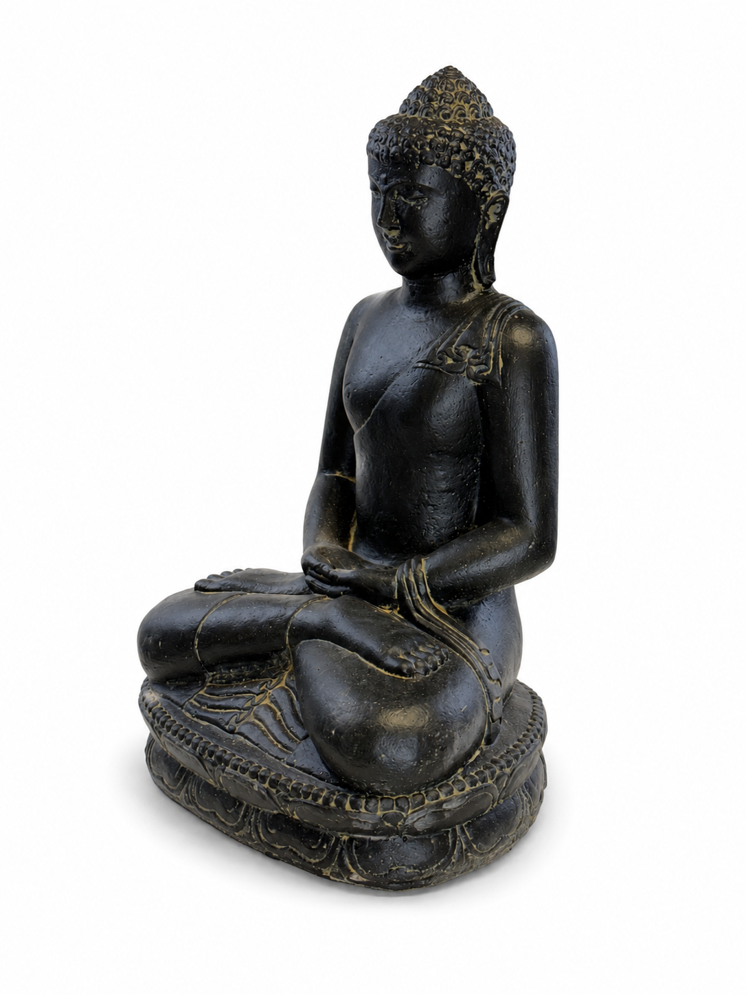 Stone Buddha Sculpture - Sitting Buddha Figurine - Black and Gold - Handmade, Decorative and Expressive - 45x30x20 cm