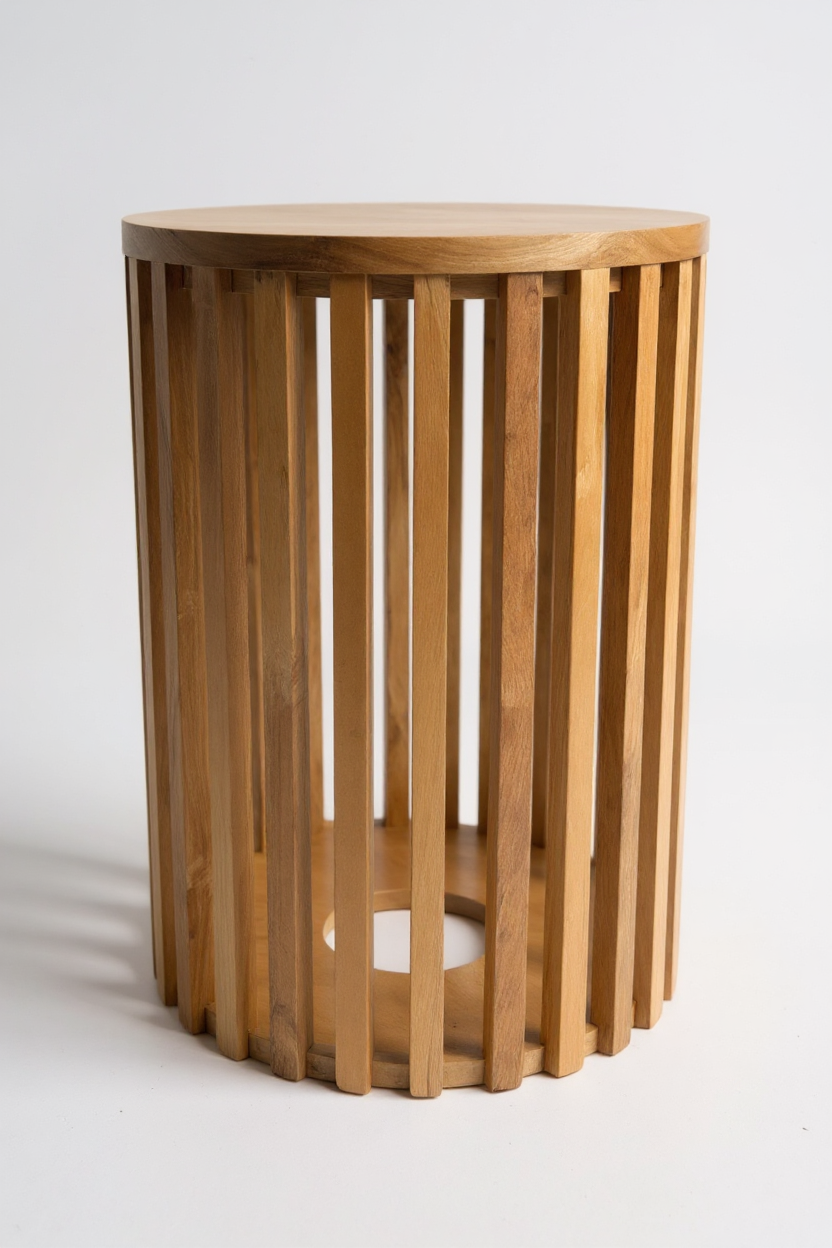 Table d'appoint en teck - table basse tabouret en bois - fabriquée à la main en bois massif - lattes de bois rondes - 50x30x30 cm