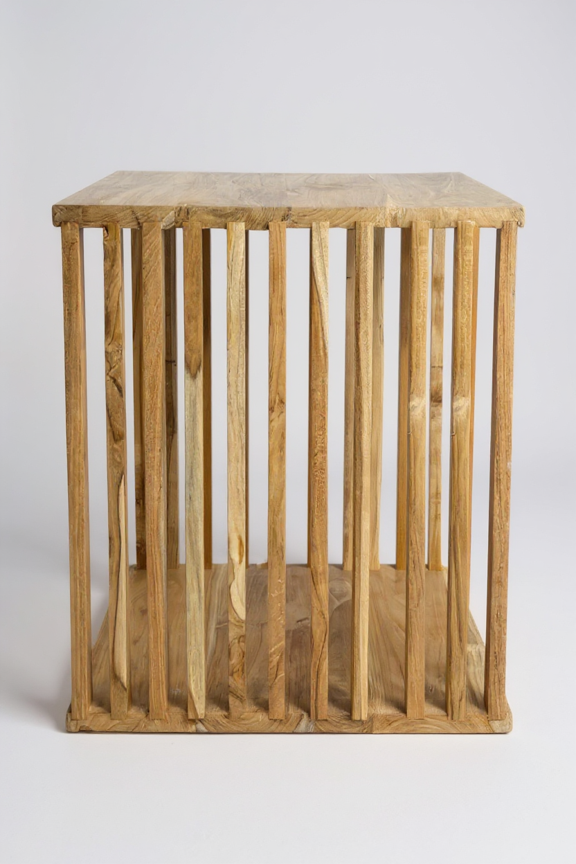 Teak side table - wooden stool coffee table - handmade from solid wood - wooden slats cube - 45x35x40 cm