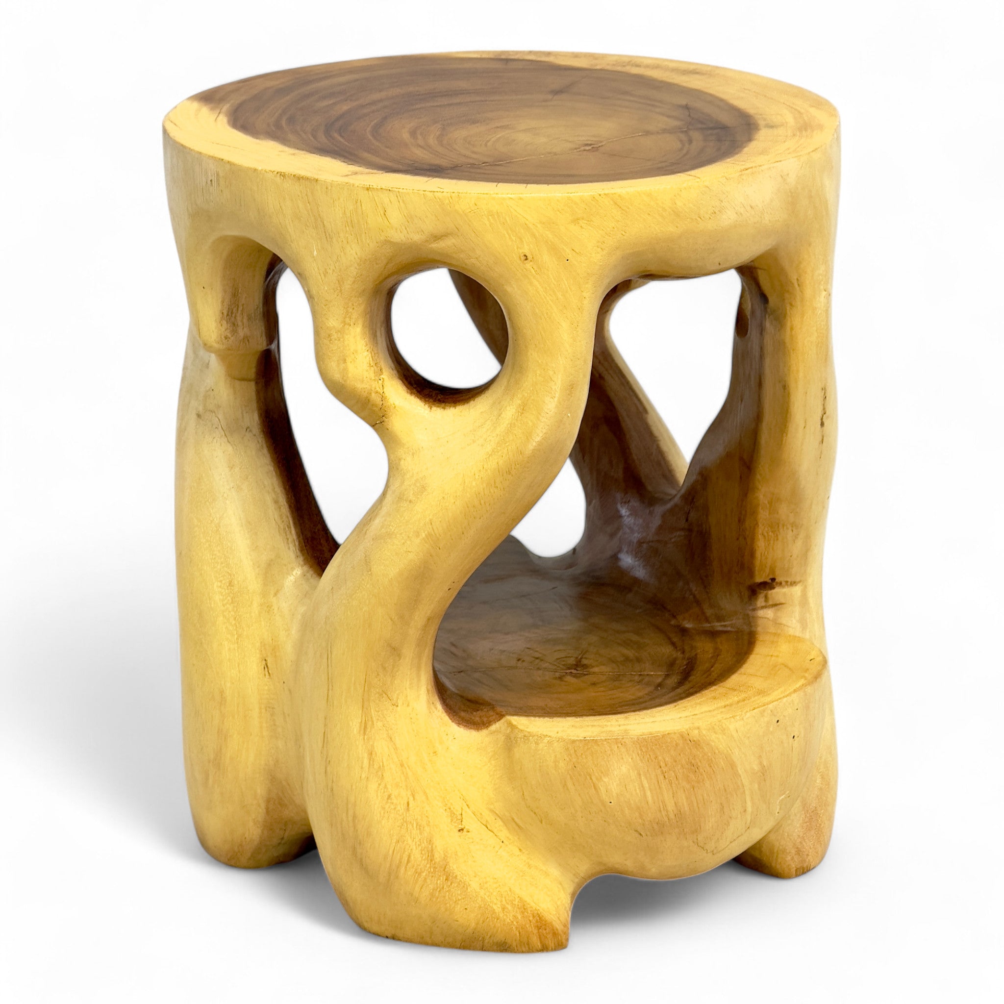 Holz Beistelltisch - Hocker, Nachttisch, Pflanzenhocker, Ablagetisch - Rundes Naturdesign mit organischer Form – Massiv aus Teakholz – 40x34x34 cm - FaHome