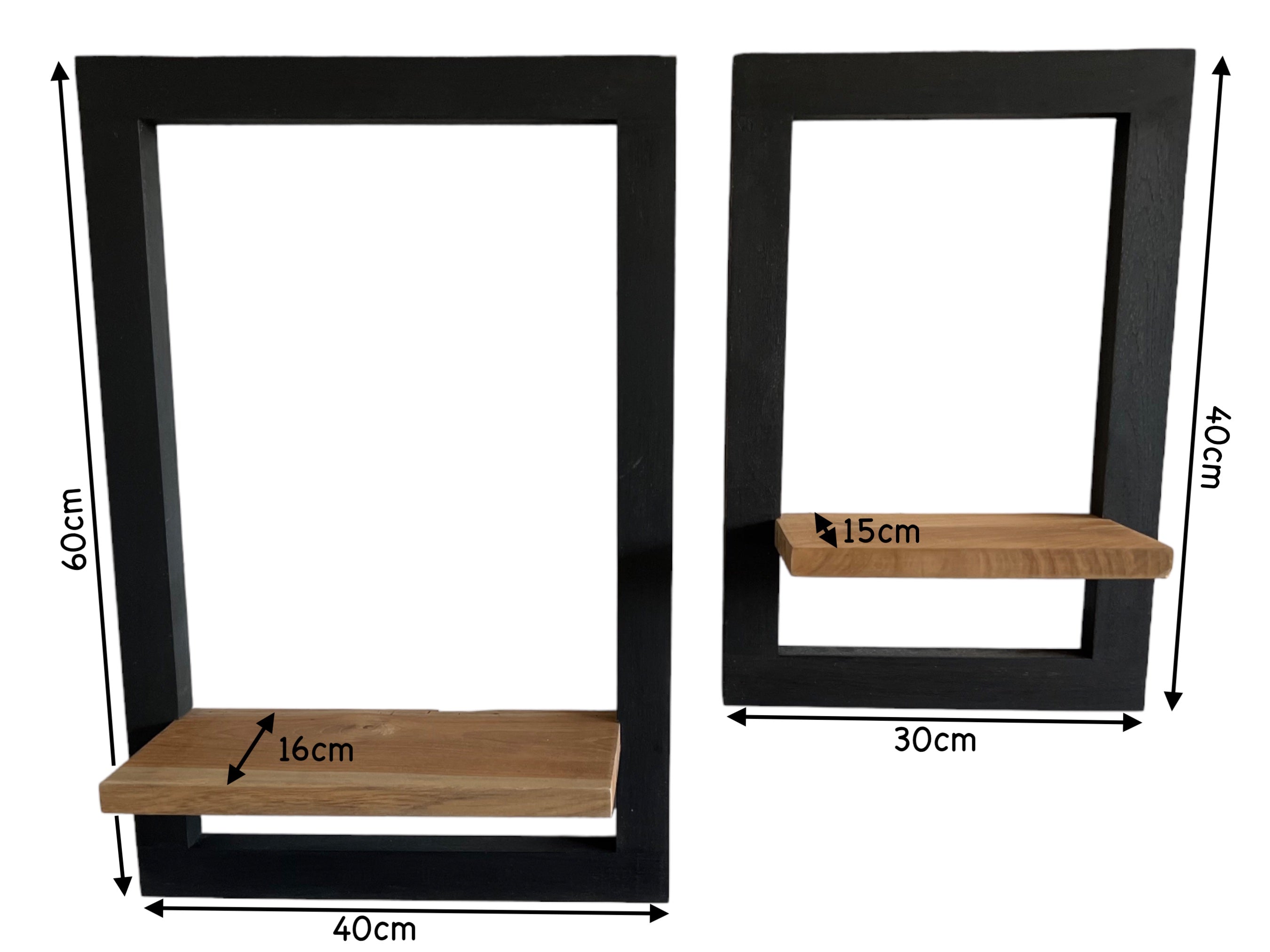 Wooden Hanging Shelf - Wall Shelf Storage Shelf - Modern Black Frame Natural Brown Storage Surface - Set of 2 - 60x40x2 & 40x30x2 cm