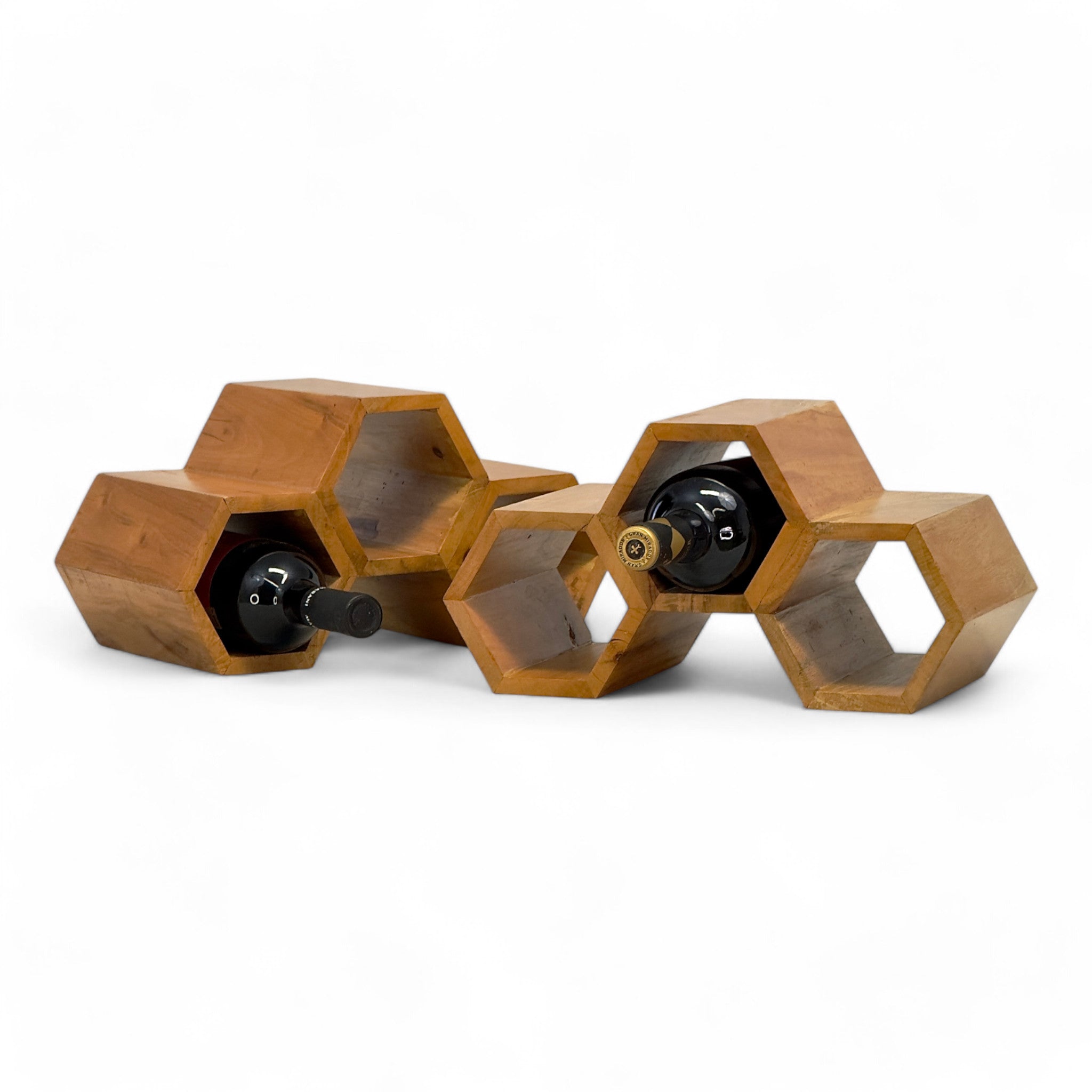 Holz Weinregal – Weinhalter Flaschenhalter - Küche Wohnzimmer Bar - Dekorative Honigwabenform – Aus Teakholz für 3 Flaschen – 18x34x18 cm - FaHome