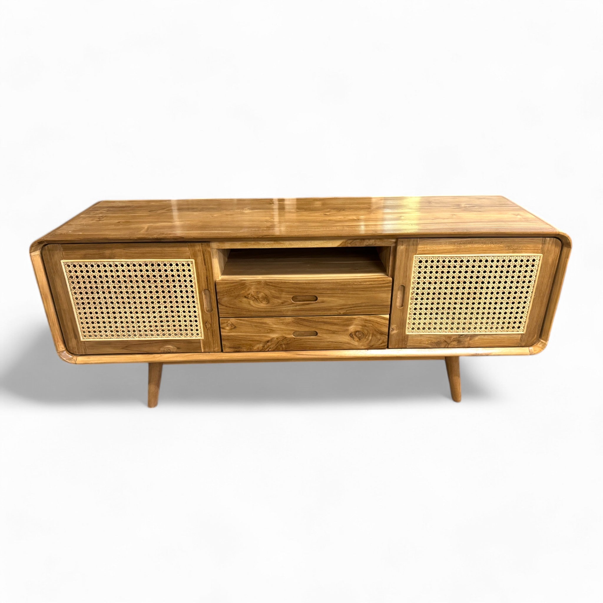 Rattan TV-Bank – Fernsehkommode Lowboard – Mit zwei Schubladen und drei Abstellflächen – Massiv Teakholz – 60x150x45 cm - FaHome