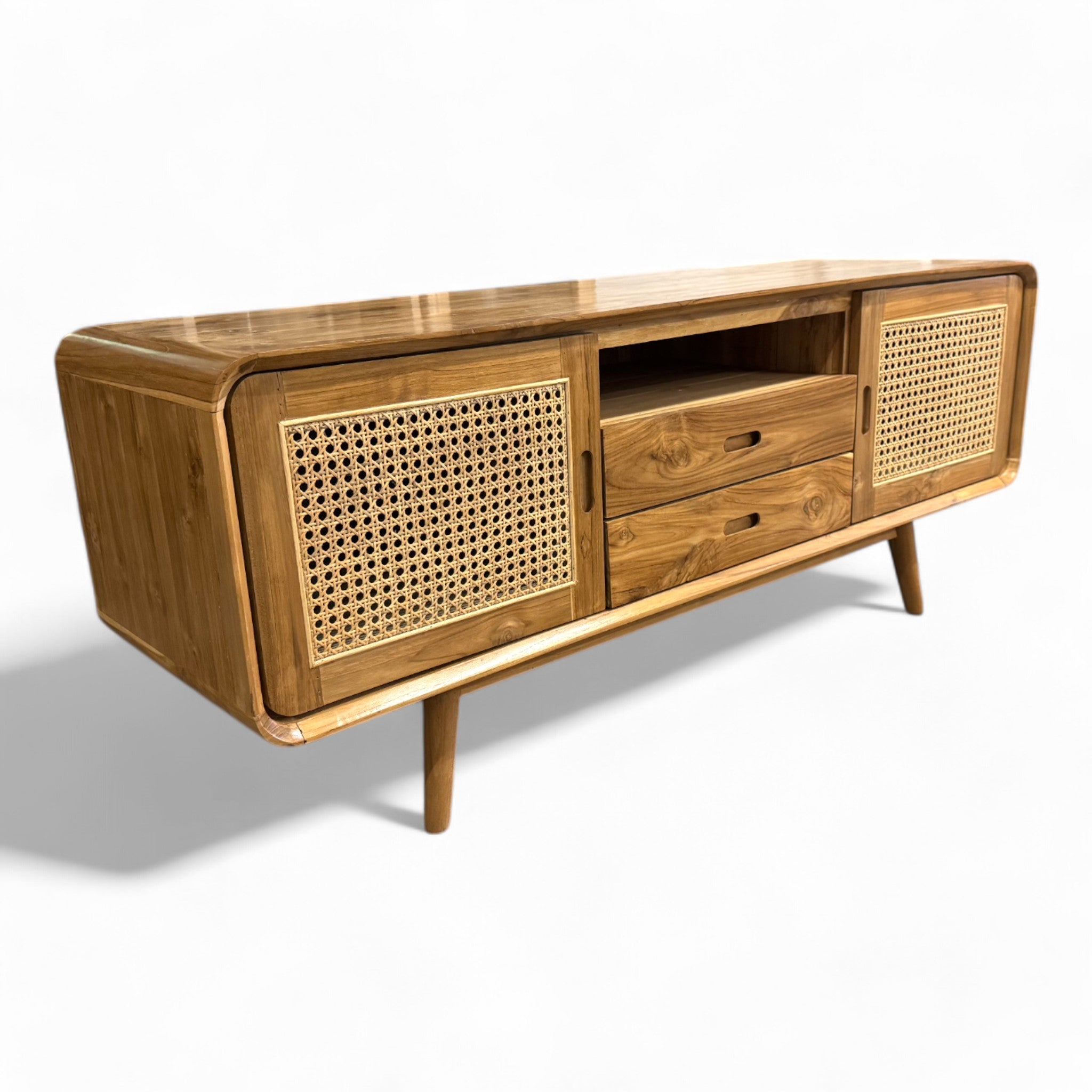 Rattan TV-Bank – Fernsehkommode Lowboard – Mit zwei Schubladen und drei Abstellflächen – Massiv Teakholz – 60x150x45 cm - FaHome