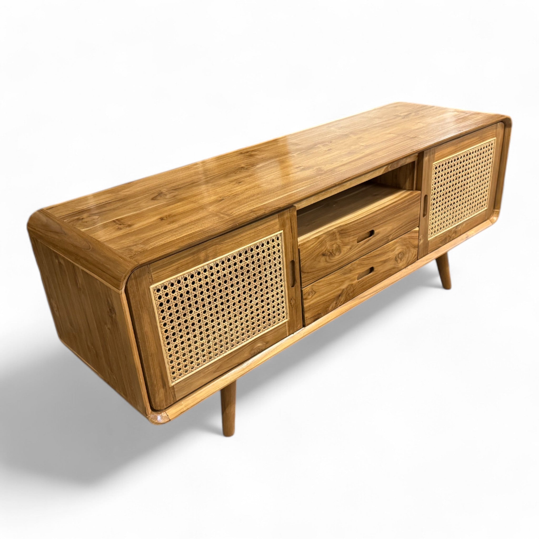 Rattan TV-Bank – Fernsehkommode Lowboard – Mit zwei Schubladen und drei Abstellflächen – Massiv Teakholz – 60x150x45 cm - FaHome