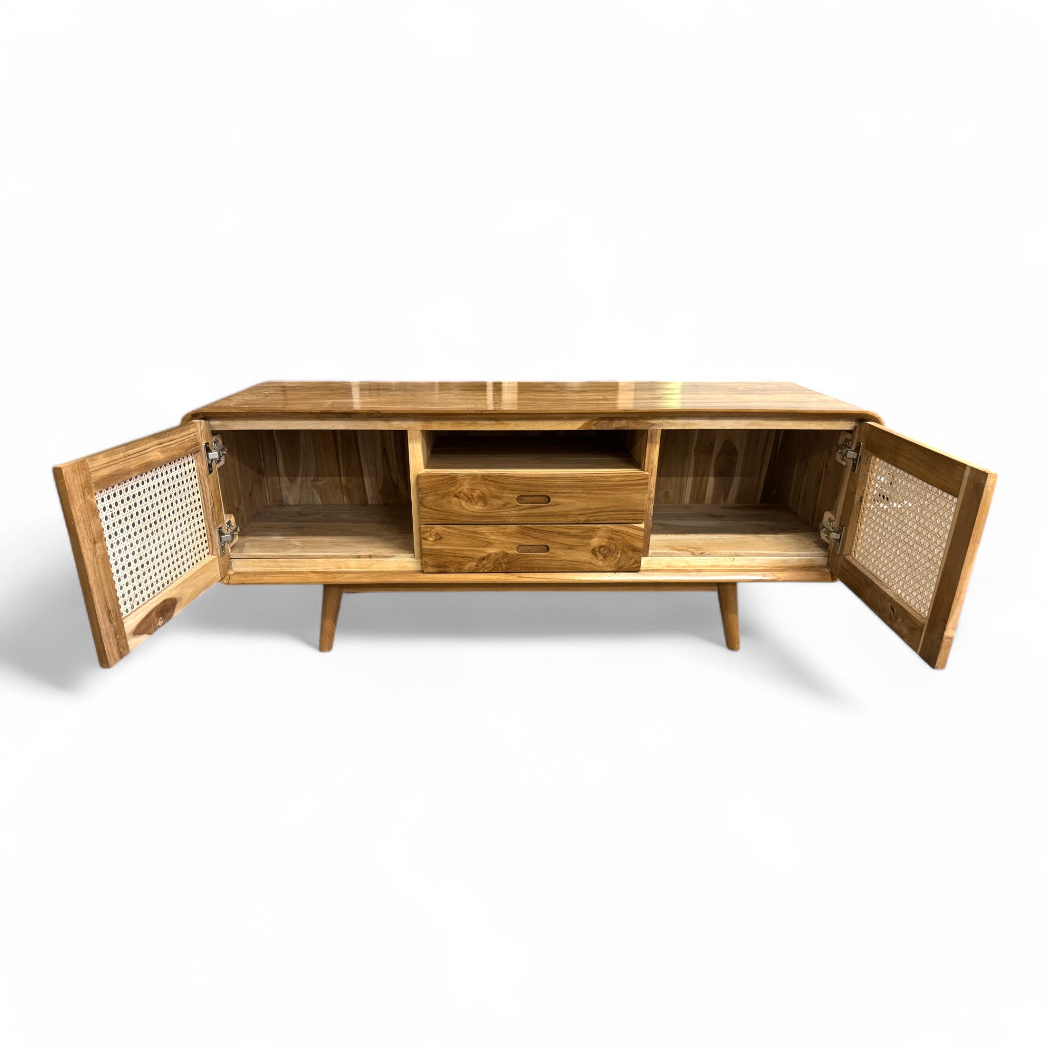 Rattan TV-Bank – Fernsehkommode Lowboard – Mit zwei Schubladen und drei Abstellflächen – Massiv Teakholz – 60x150x45 cm - FaHome