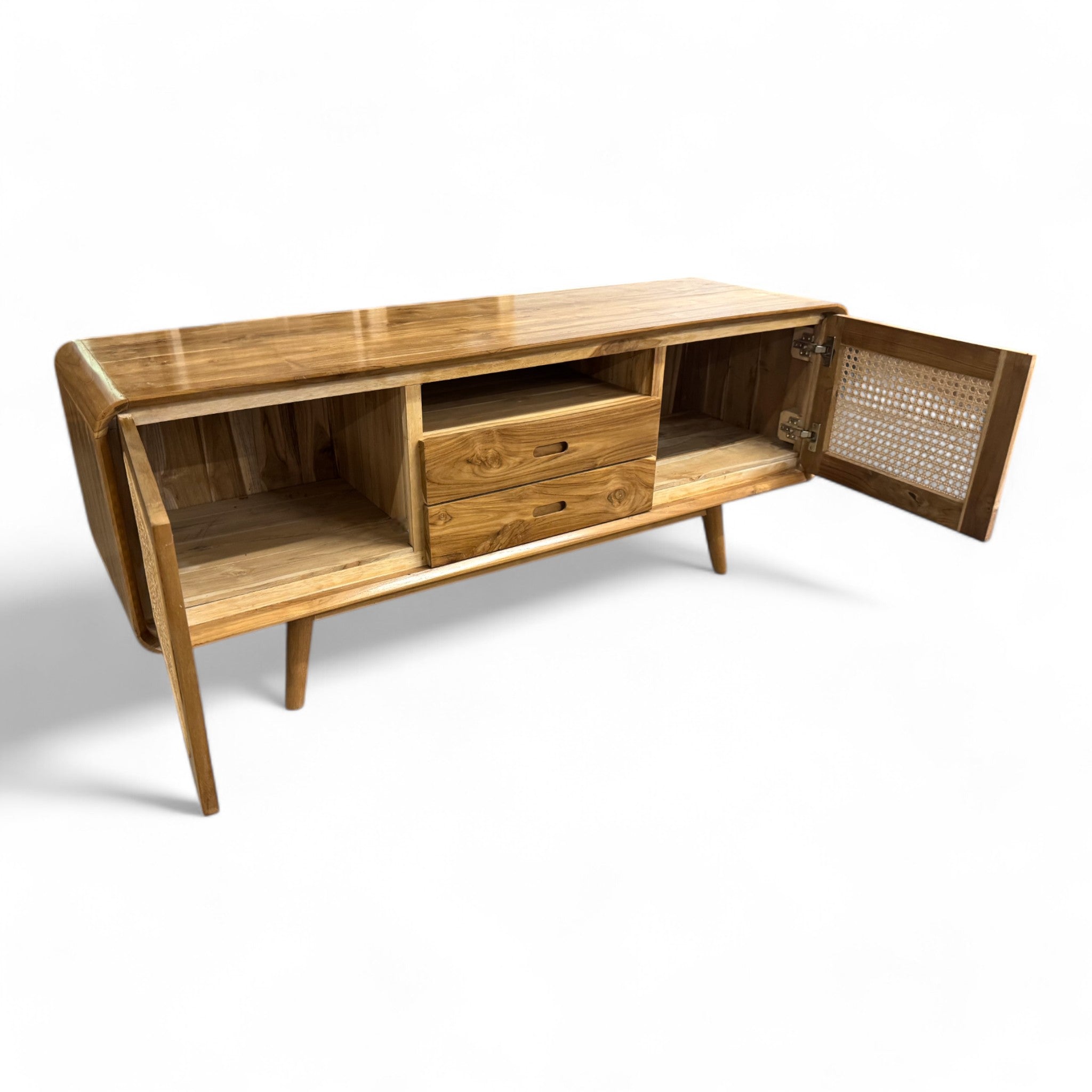 Rattan TV-Bank – Fernsehkommode Lowboard – Mit zwei Schubladen und drei Abstellflächen – Massiv Teakholz – 60x150x45 cm - FaHome