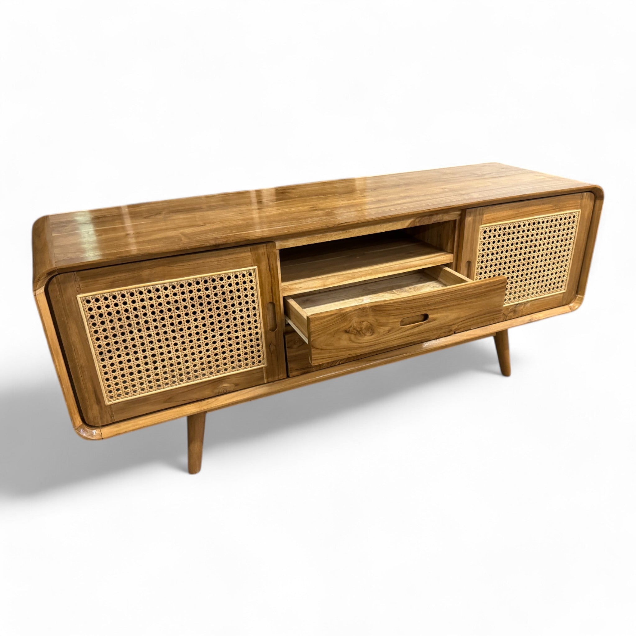 Rattan TV-Bank – Fernsehkommode Lowboard – Mit zwei Schubladen und drei Abstellflächen – Massiv Teakholz – 60x150x45 cm - FaHome