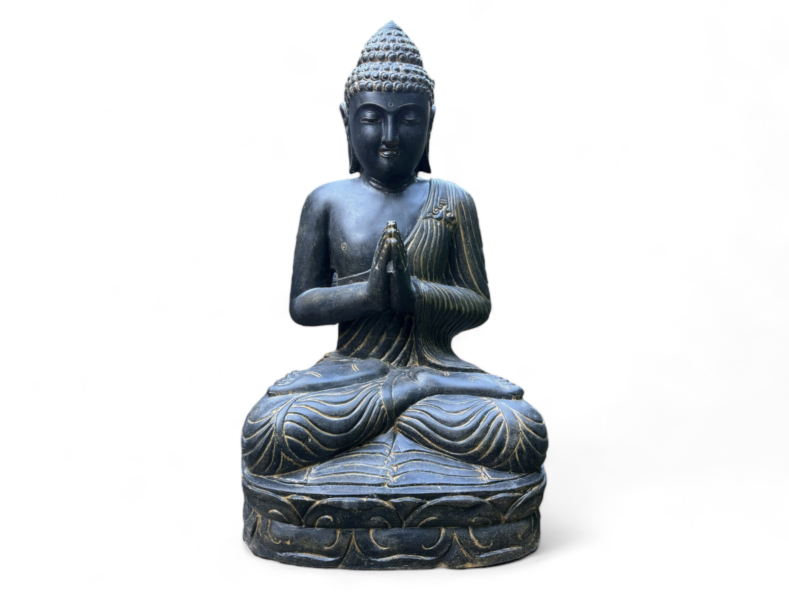 Statue de Bouddha en pierre résistante aux intempéries, 150 cm - Sculpture harmonieuse pour l'extérieur en mélange de pierre de sable de lave
