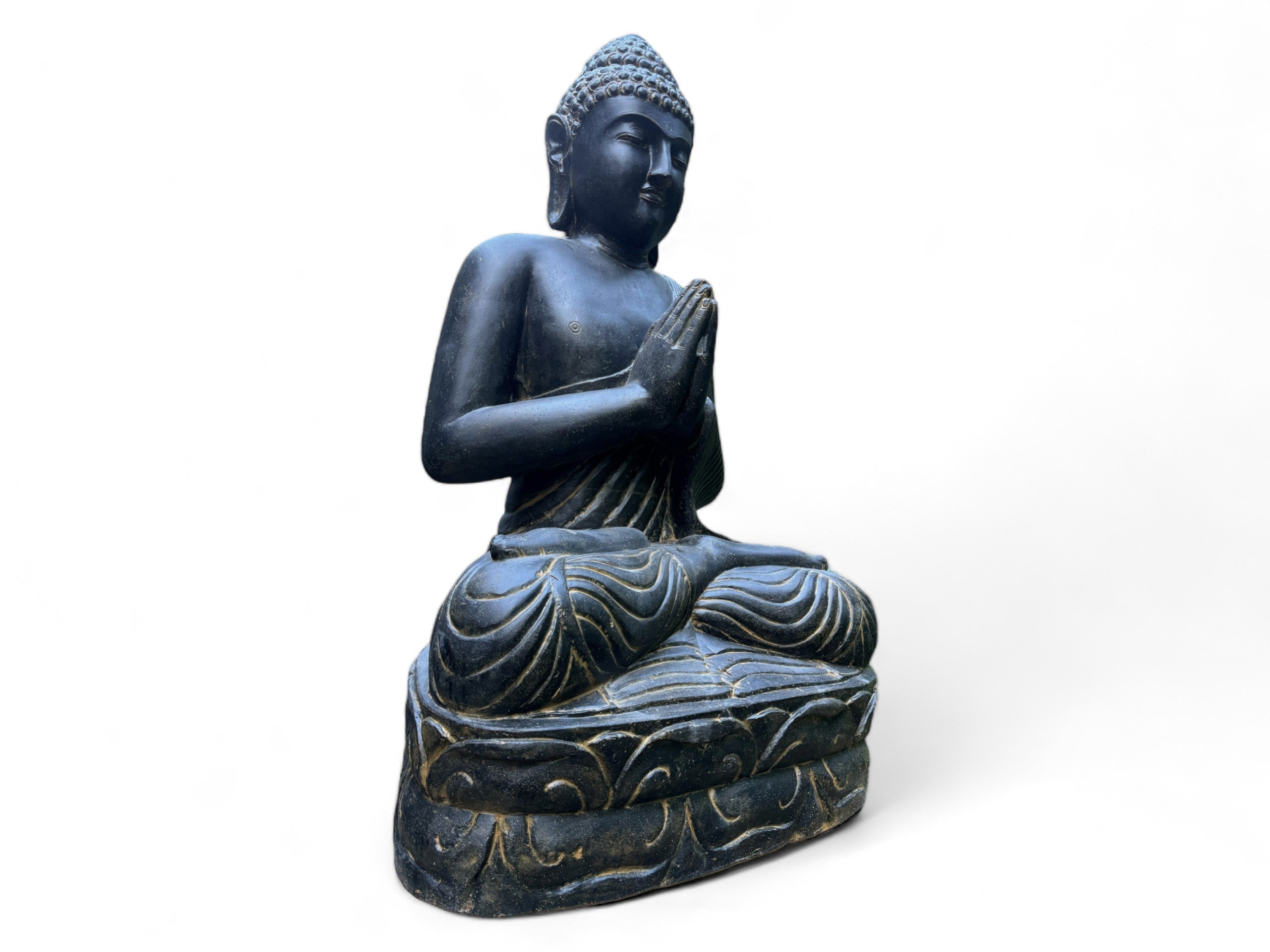 Statue de Bouddha en pierre résistante aux intempéries, 150 cm - Sculpture harmonieuse pour l'extérieur en mélange de pierre de sable de lave