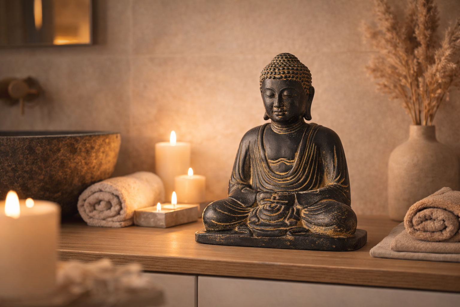 Buddha Skulptur sitzend – Garten Terrasse Balkon Deko – Wetterfest – Stein Figur Meditation schwarz gold – 30x26x20 cm