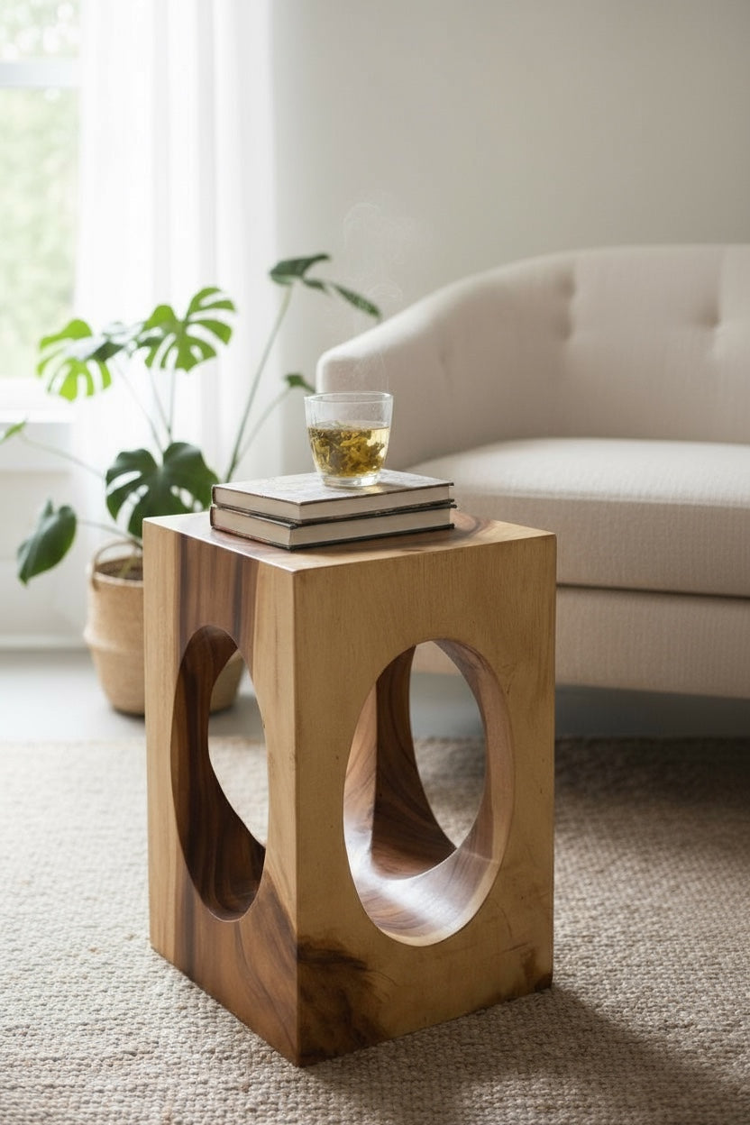 Wooden side table – coffee table flower stool – handmade – square with O-neck suar wood – 45x30x30 cm