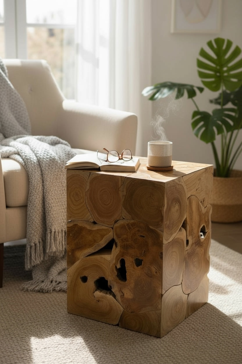 Table d'appoint en mosaïque de bois - table basse, table de chevet, tabouret pour plantes - fait main - 40&60x40x40 cm