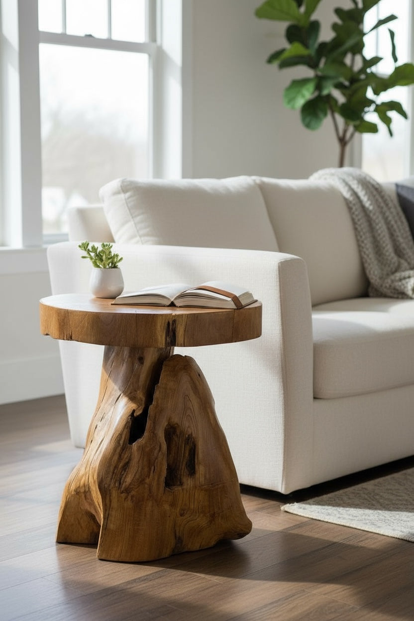 Wooden stool – side table, flower stool, storage table – handmade – natural shape made of solid teak – 45x40x40 cm