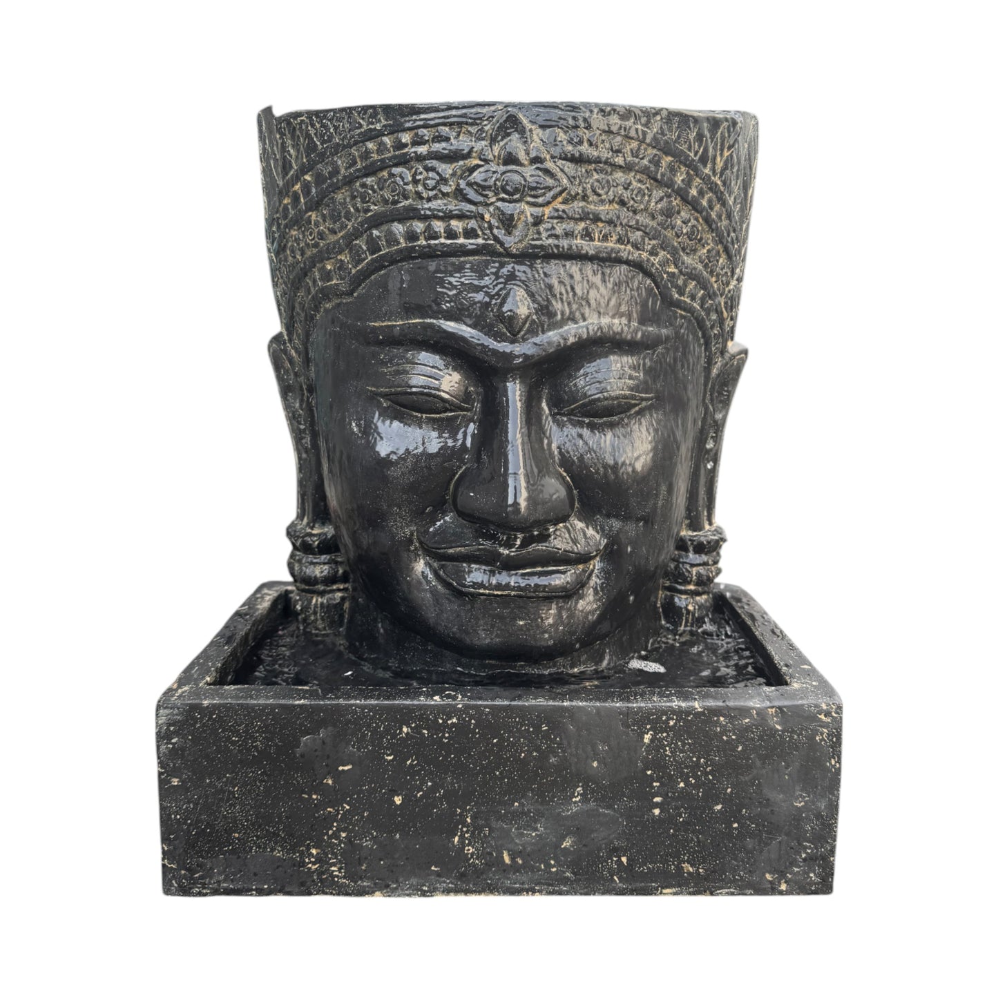 Khmer Kopf Springbrunnen - Garten Deko Wasserfall - Wetterfest - Steinguss Buddha Wasserspiel - 30x19x21 cm
