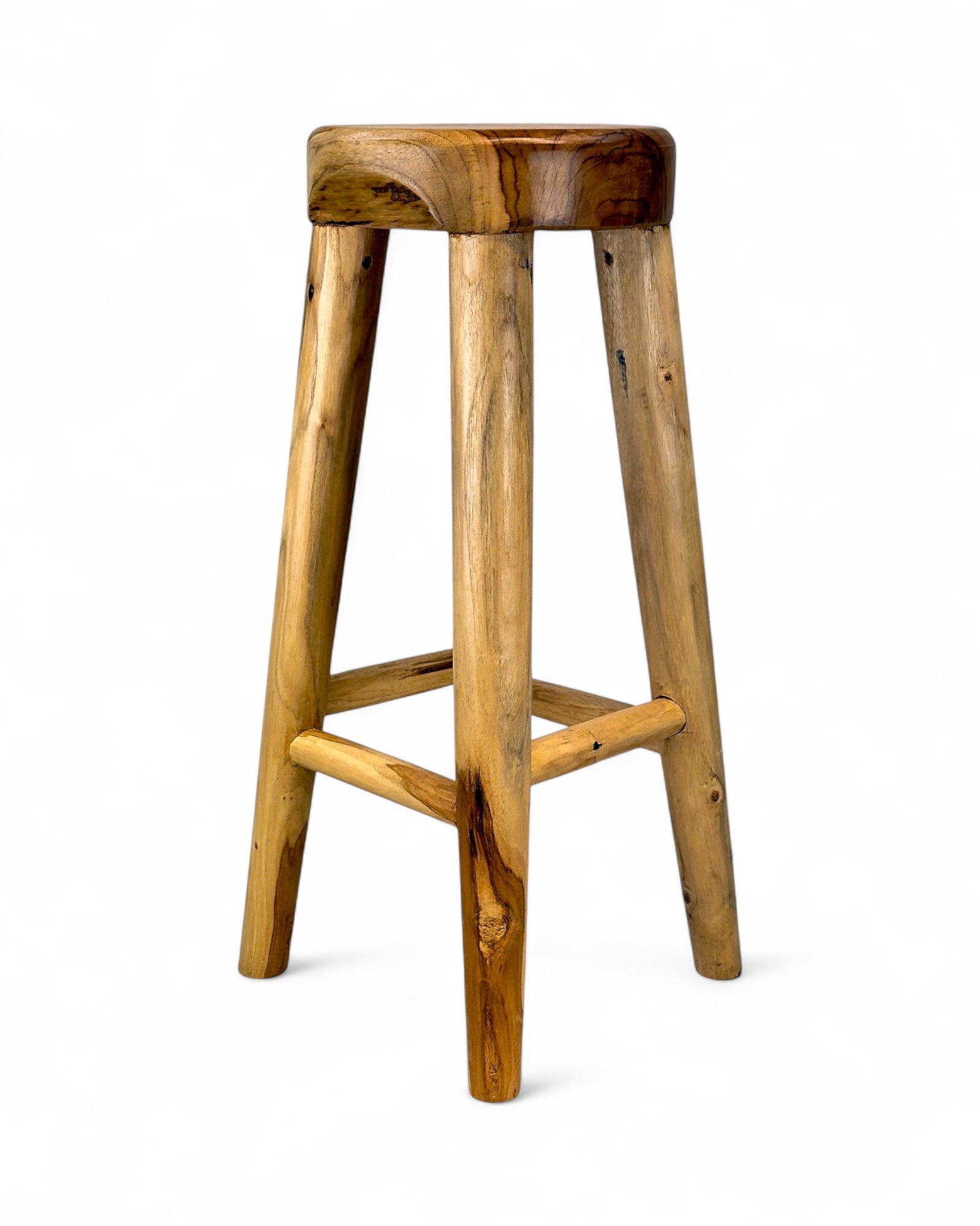 Solid wood bar stool – Handcrafted rustic wooden stool – Round seat for kitchen, bar & dining area – 30x75 cm