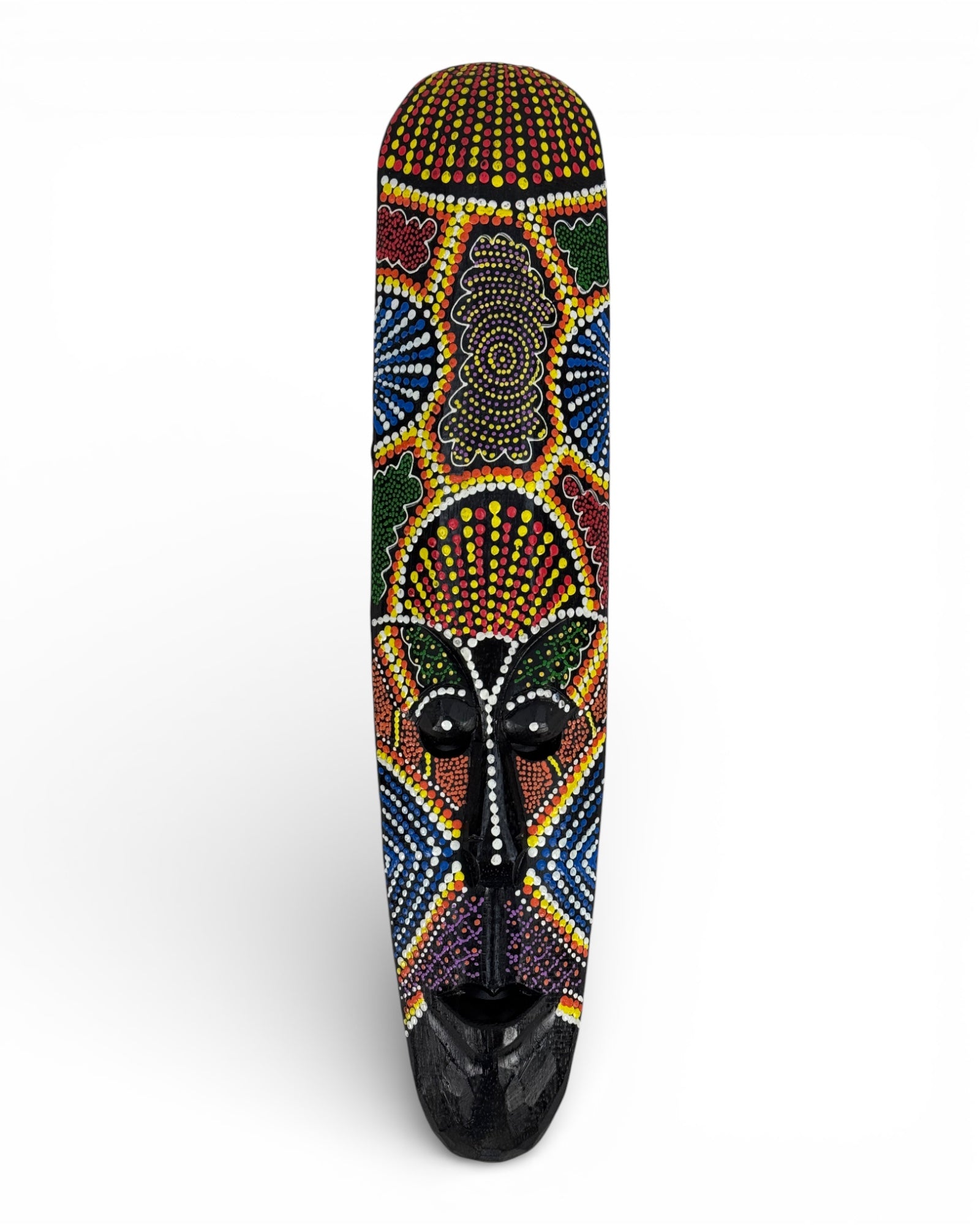 Unique piece: Handmade teakwood mask with a colorful polka dot pattern