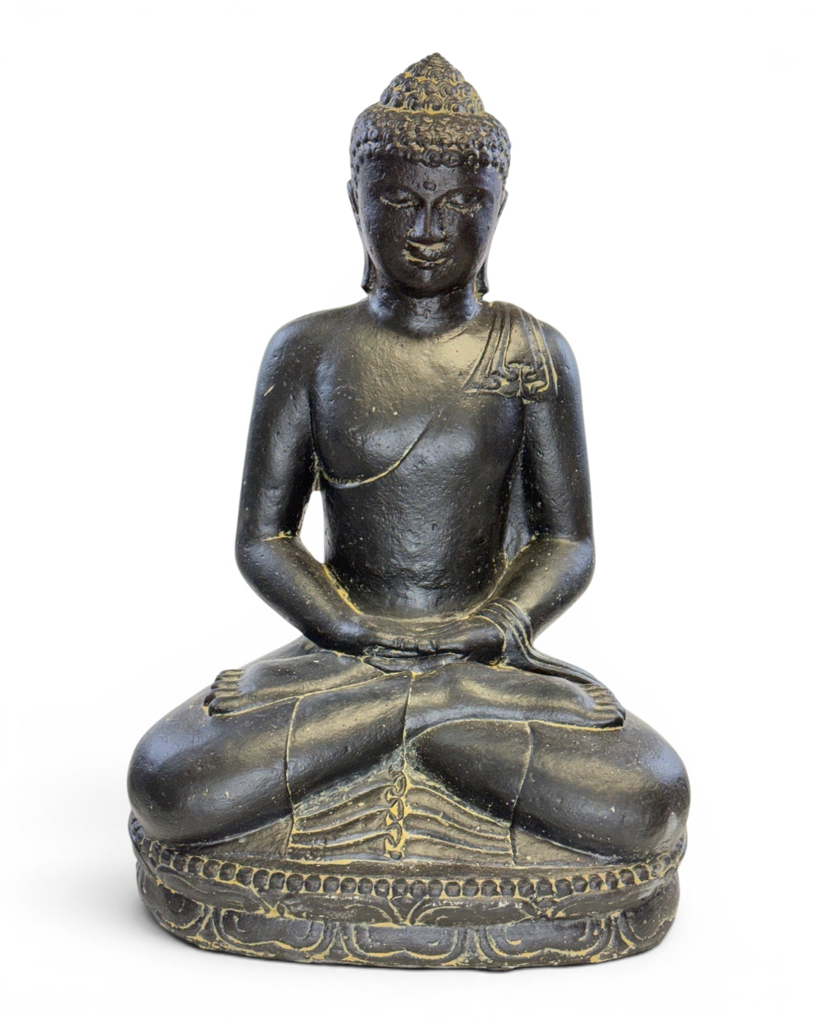Stone Buddha Sculpture - Sitting Buddha Figurine - Black and Gold - Handmade, Decorative and Expressive - 45x30x20 cm