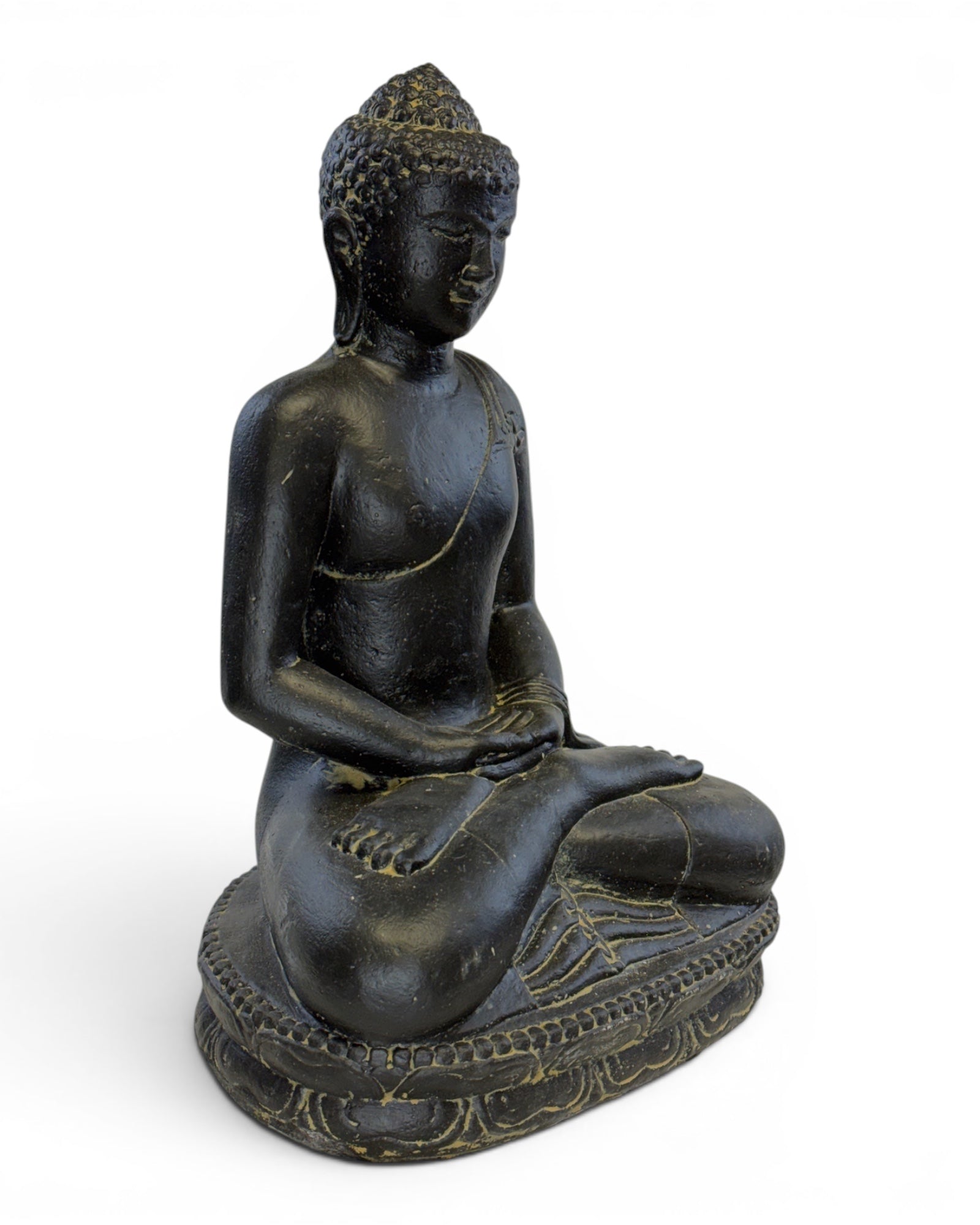 Stone Buddha Sculpture - Sitting Buddha Figurine - Black and Gold - Handmade, Decorative and Expressive - 45x30x20 cm