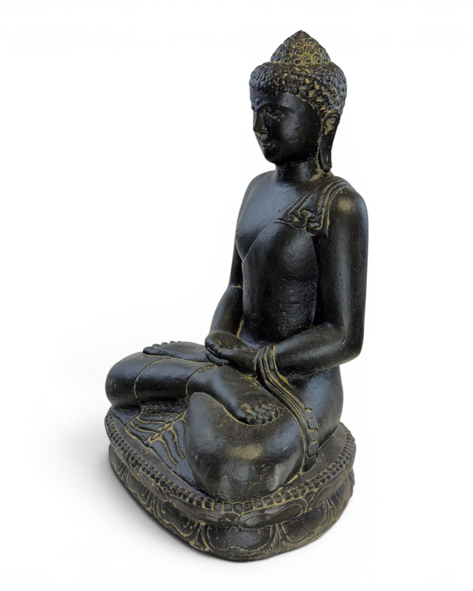 Stone Buddha Sculpture - Sitting Buddha Figurine - Black and Gold - Handmade, Decorative and Expressive - 45x30x20 cm