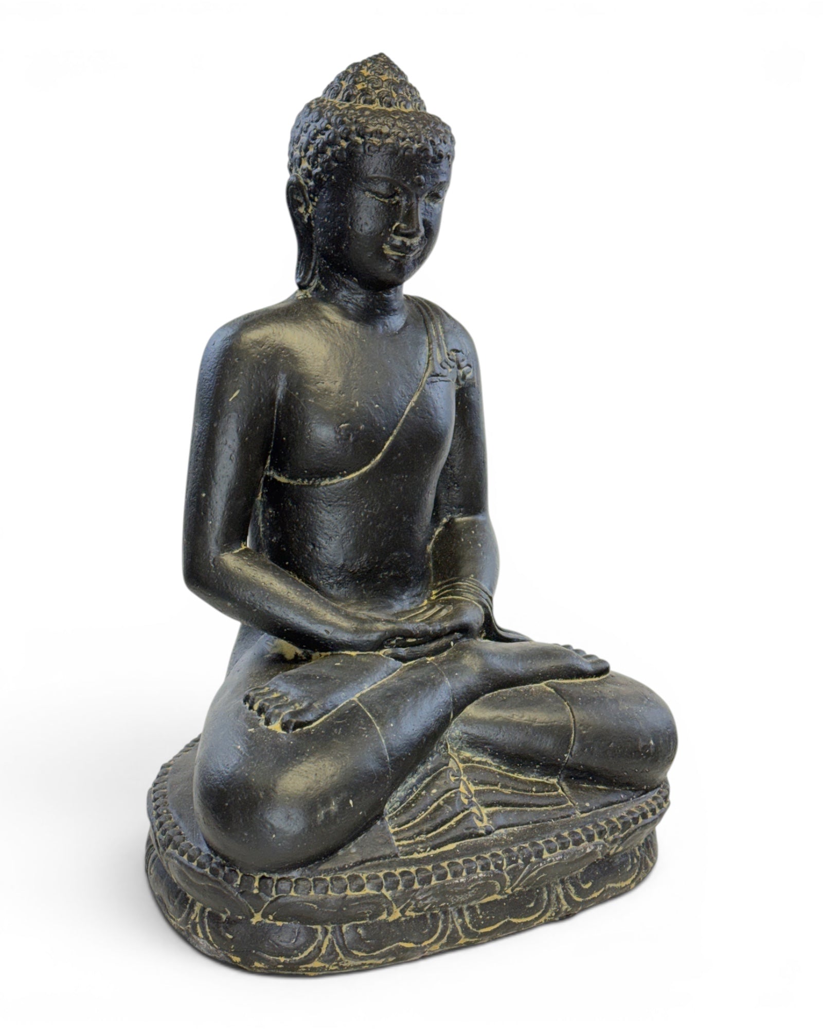 Stone Buddha Sculpture - Sitting Buddha Figurine - Black and Gold - Handmade, Decorative and Expressive - 45x30x20 cm