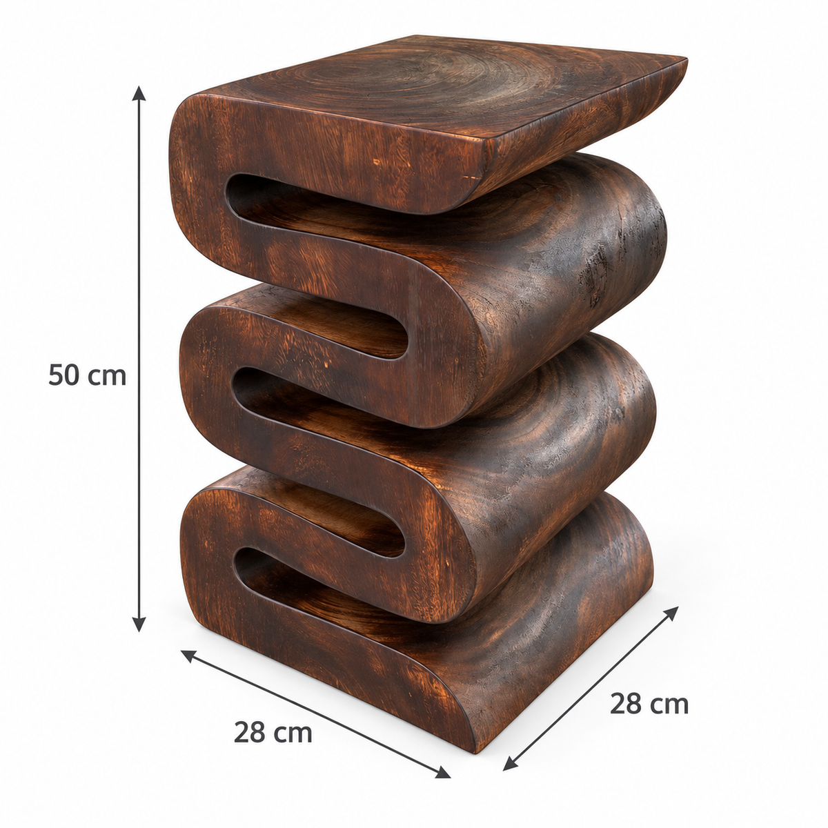 Wooden stool - side table, flower stool, storage table - handmade - flambéed snake made of solid suar wood - 50x30x30 cm