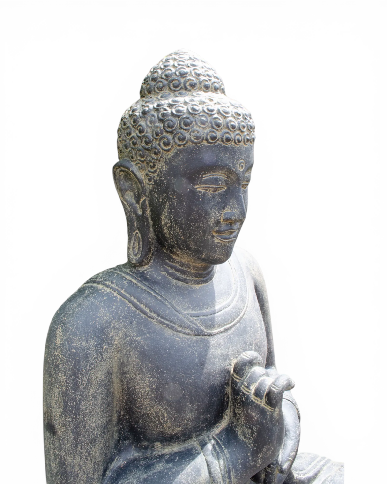FaHome large dark grey lava sand Buddha statue for outdoor use, 150cm tall, meditative pose.