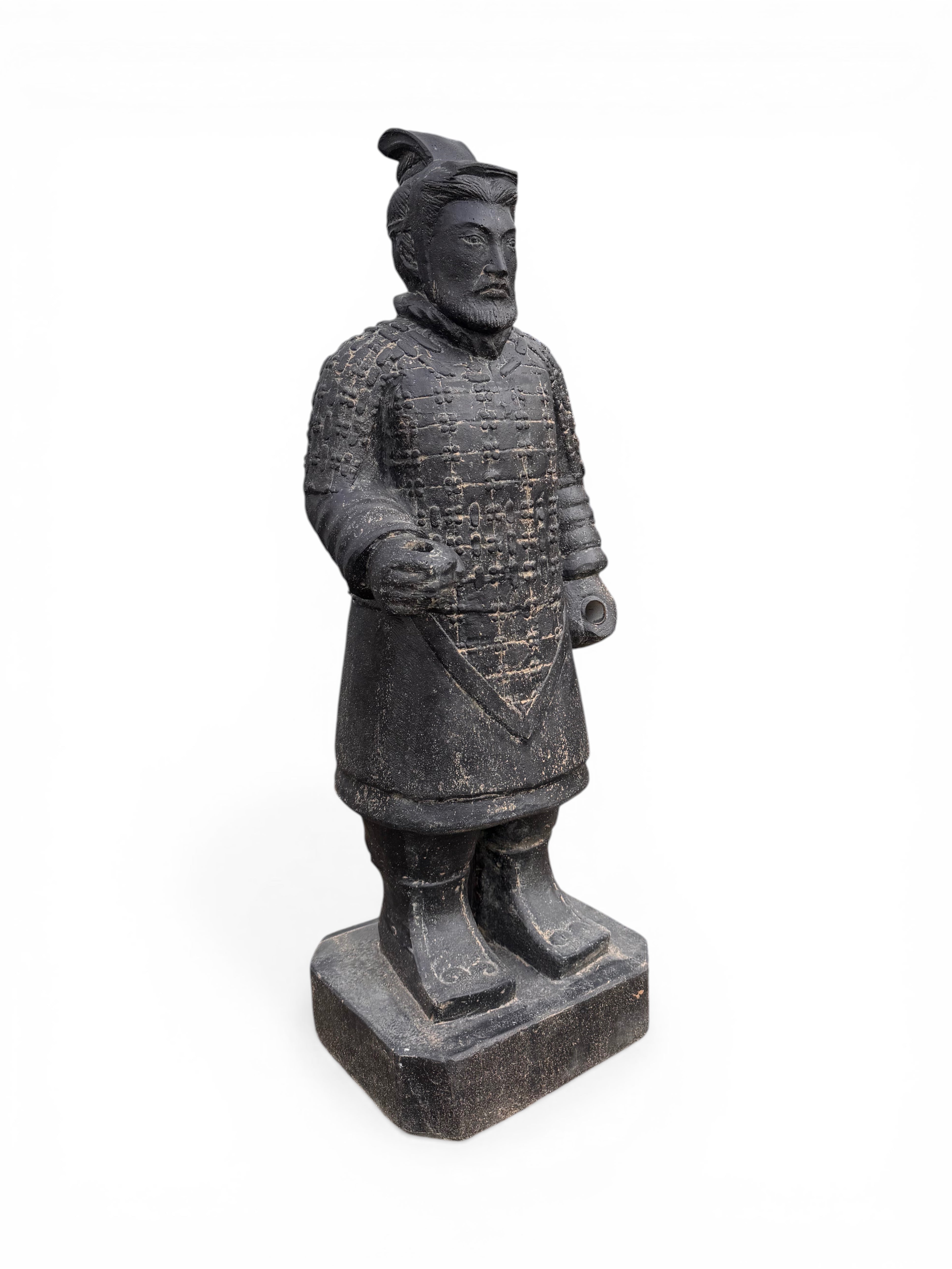 FaHome black stone-cast Terracotta Warrior statue, 100cm tall, detailed armour, for garden or indoor display.