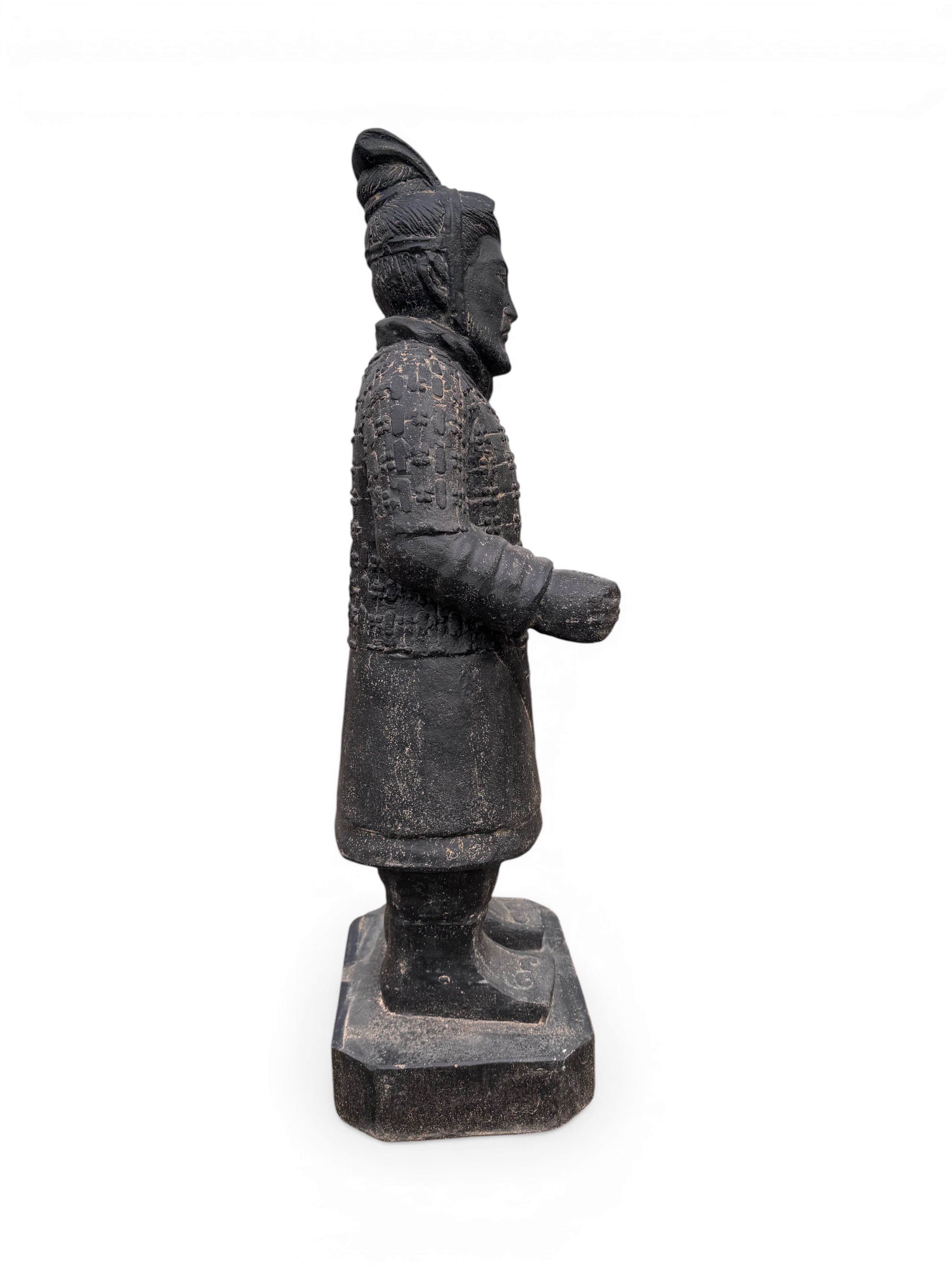 FaHome black stone-cast Terracotta Warrior statue, 100cm tall, detailed Asian garden sculpture, weather-resistant.