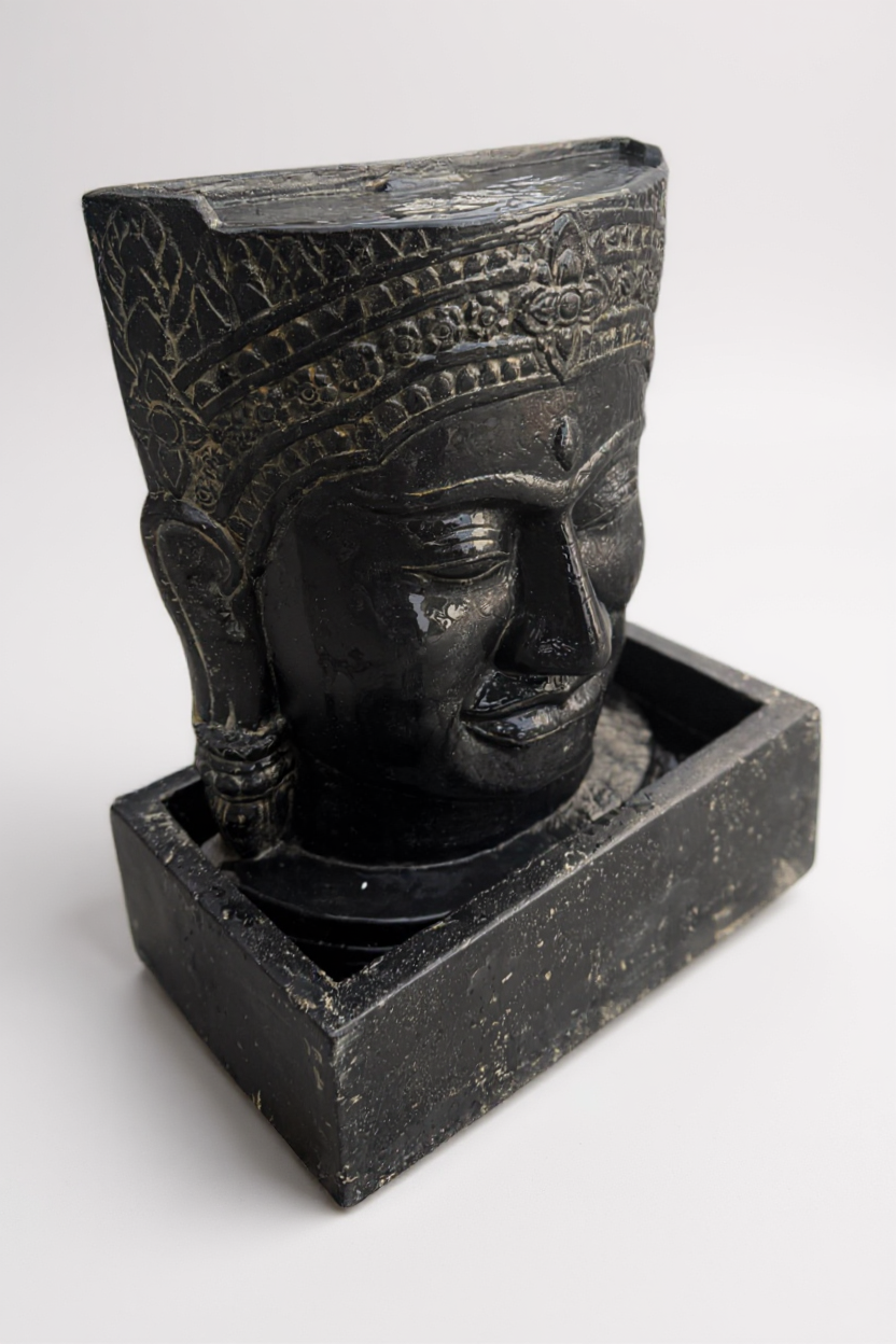 Khmer Head Fountain - Garden Decoration Waterfall - Weatherproof - Cast Stone Buddha Water Feature - 57x48.5x28 cm