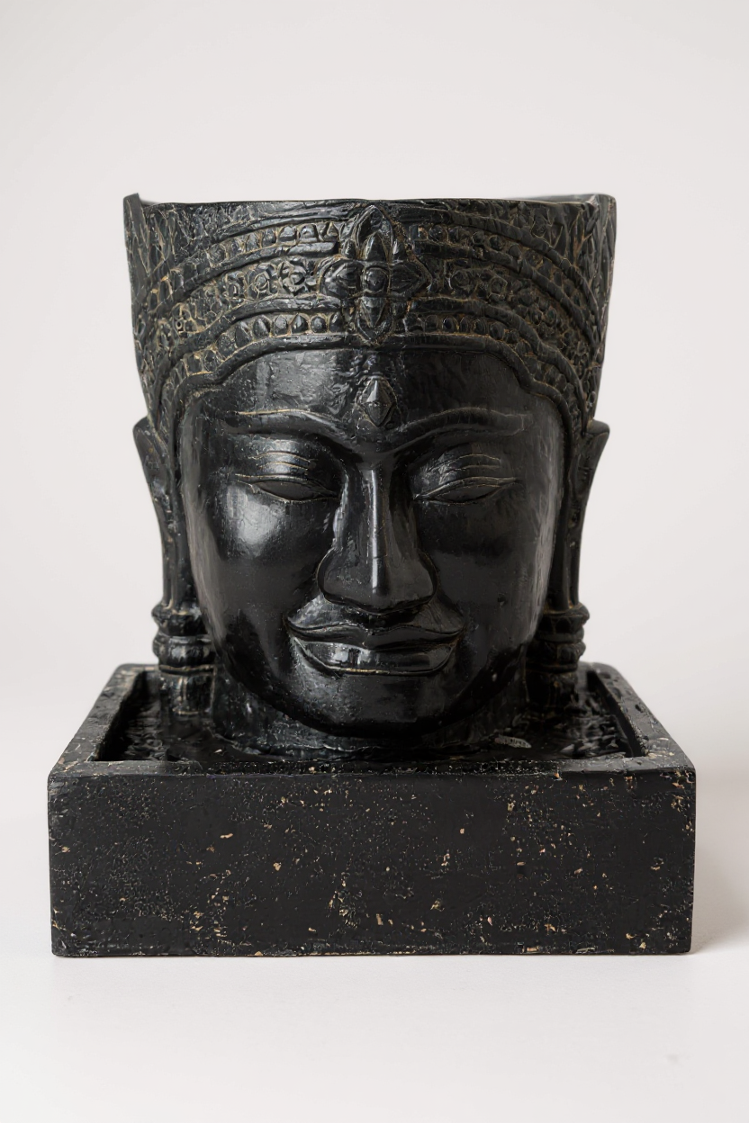 Khmer Head Fountain - Garden Decoration Waterfall - Weatherproof - Cast Stone Buddha Water Feature - 57x48.5x28 cm