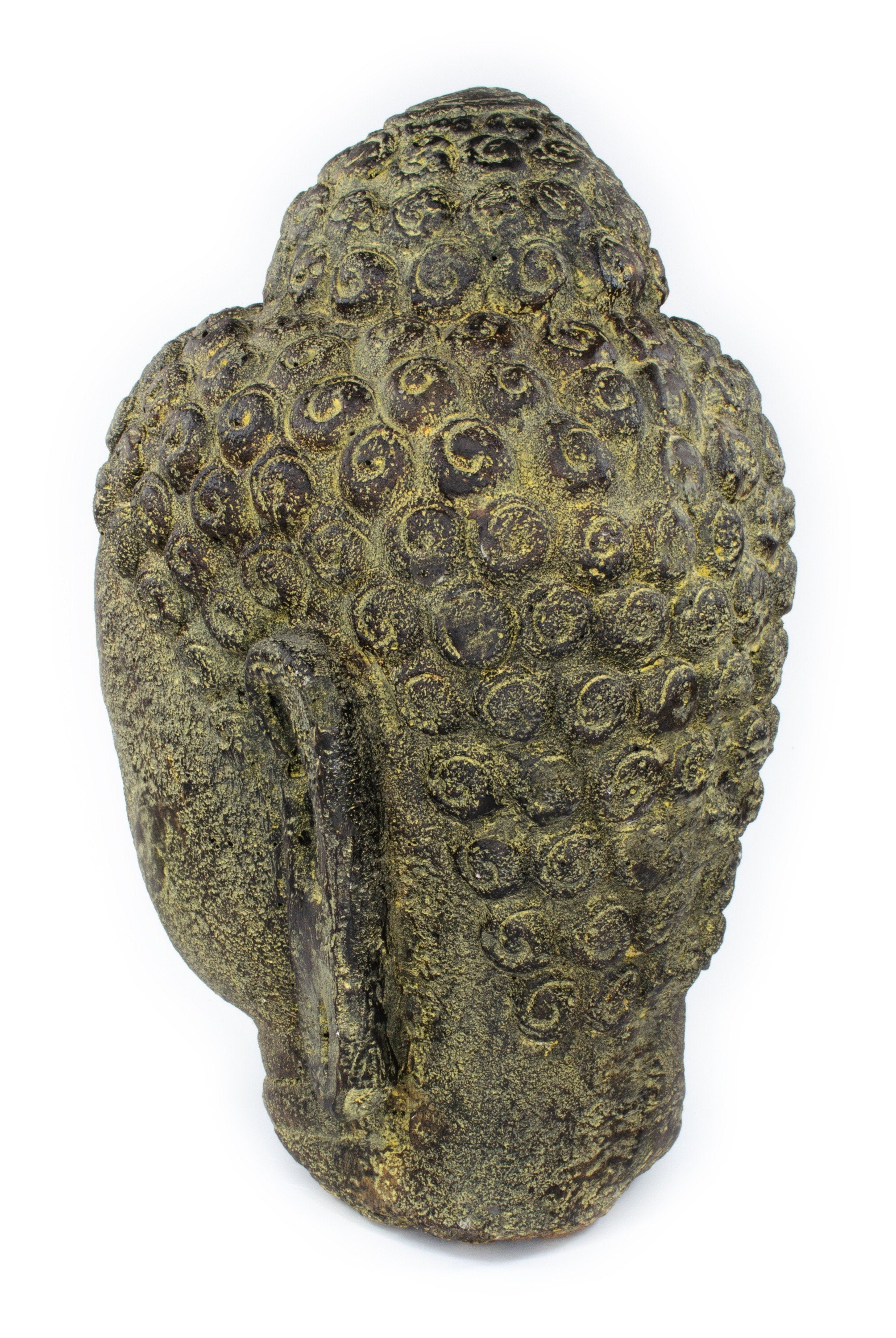 Tête de Bouddha - Décoration de jardin - Figurine en pierre moulée résistante aux intempéries - Mélange de pierres jaunes - 30 x 19 x 21 cm