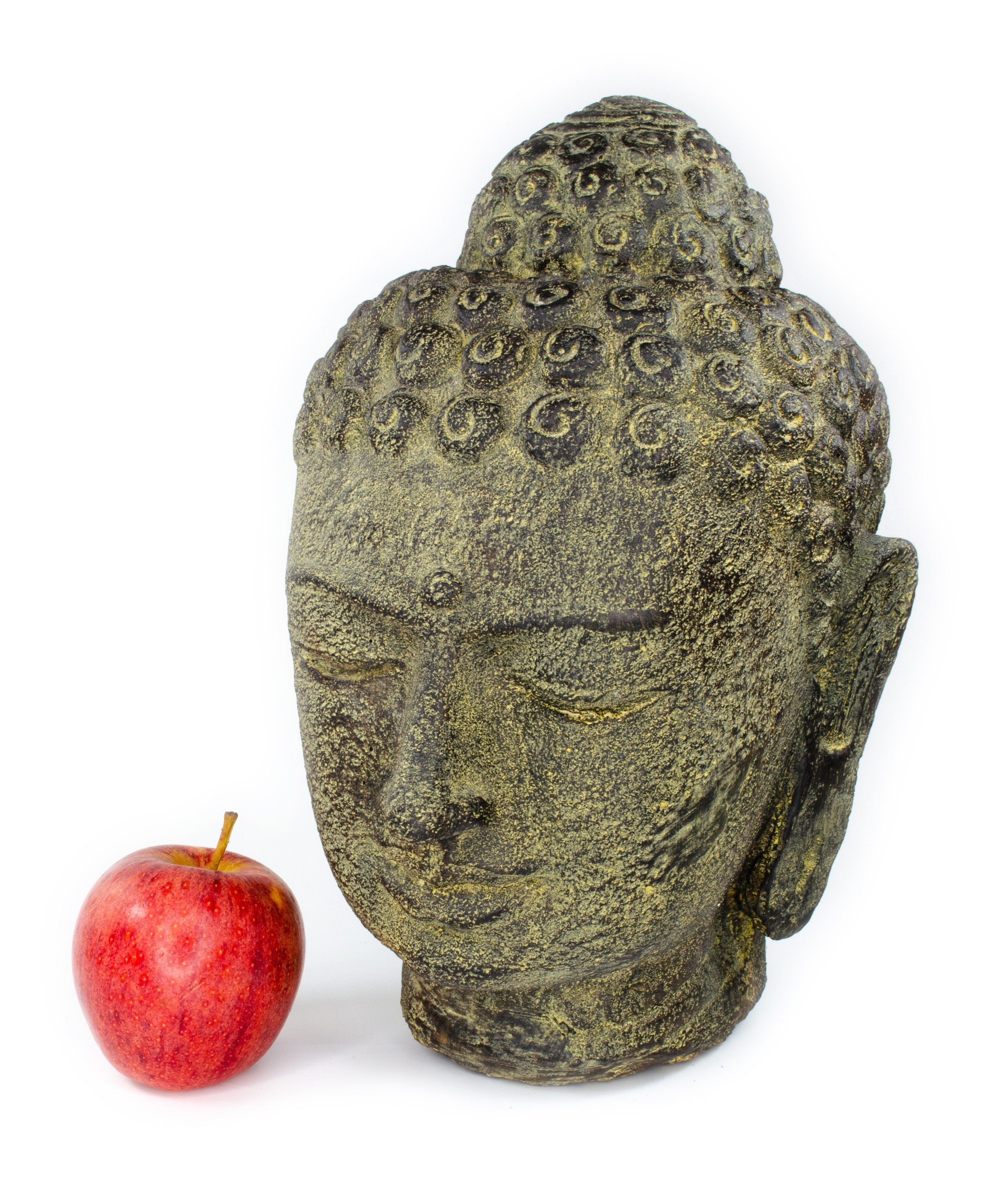 Tête de Bouddha - Décoration de jardin - Figurine en pierre moulée résistante aux intempéries - Mélange de pierres jaunes - 30 x 19 x 21 cm