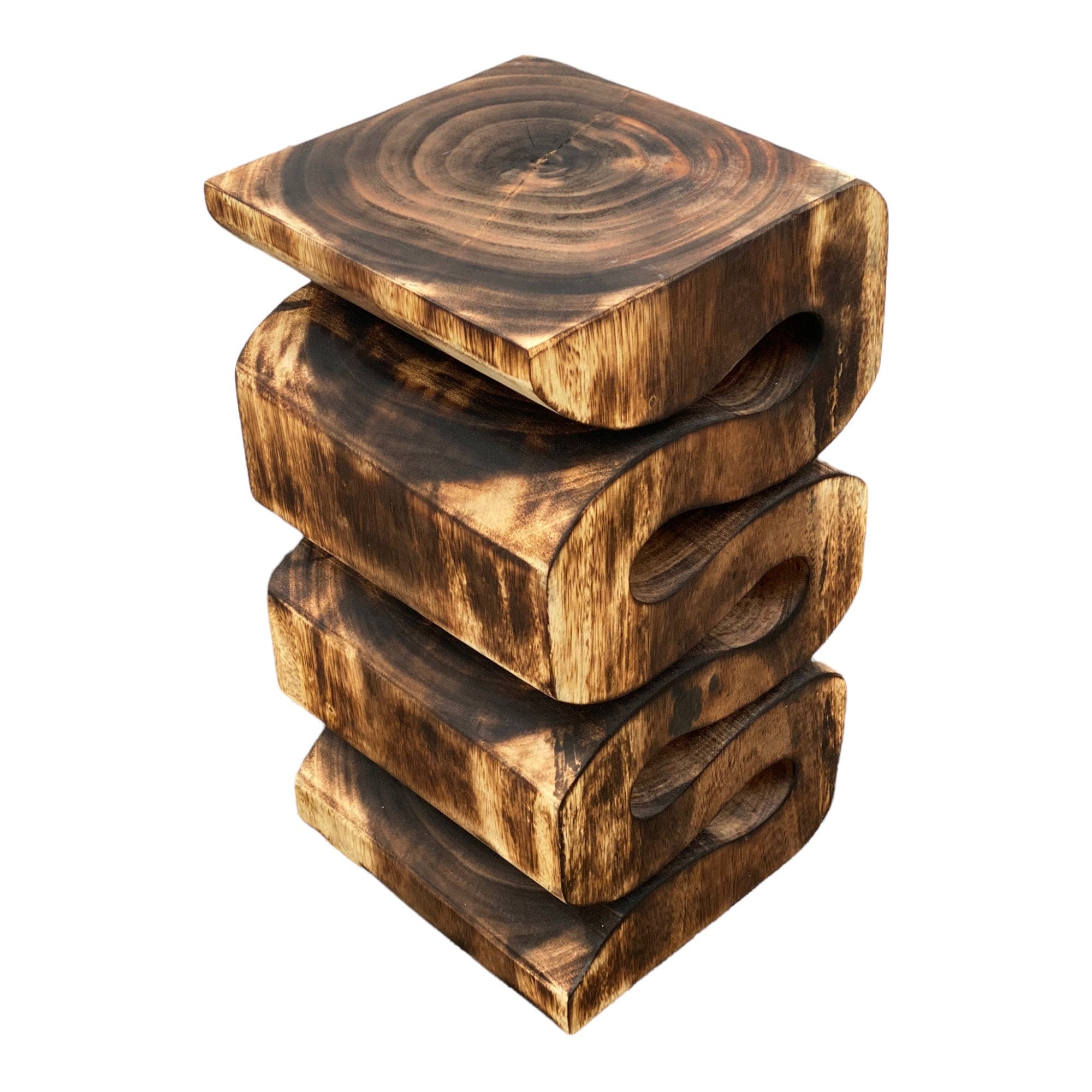 Holzhocker - Beistelltisch Blumenhocker Ablagetisch - Handgefertigt - Flambiert Schlange aus massivem Suarholz- 50x30x30 cm