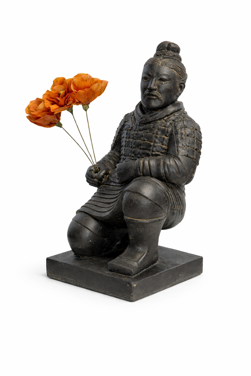 Krieger Statue kniend – Garten Wohnzimmer Deko Skulptur – Wetterfest – Steinoptik Terrakotta Krieger Figur schwarz gold – ca. 50 cm