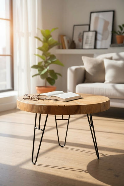 Wooden coffee table – side table – with three metal legs – round made of teak – 60x60x43 cm