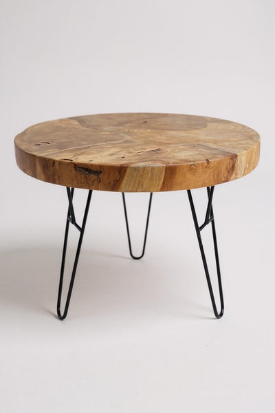Wooden coffee table – side table – with three metal legs – round made of teak – 60x60x43 cm