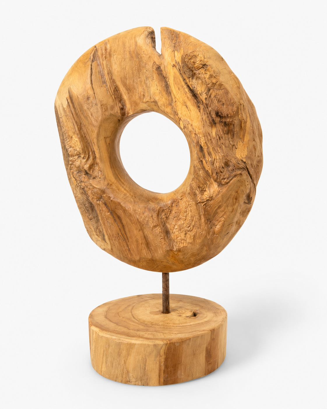 Unique piece: Teak wood decorative ring on a stand – Solid natural wood one-of-a-kind item for living room &amp; office