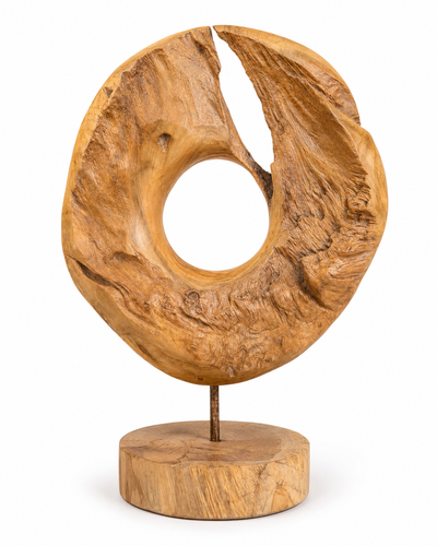 Unique piece: Teak wood decorative ring on a stand – Solid natural wood one-of-a-kind item for living room &amp; office