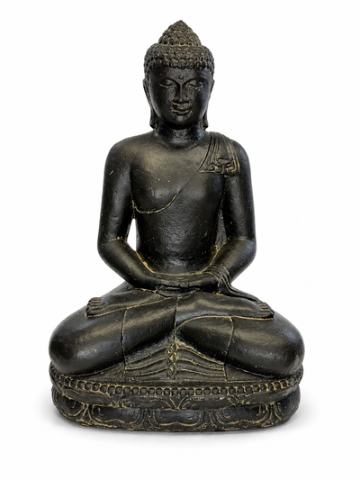 Stein Buddha Skulptur – Sitzende Buddha Figur – Schwarz-Gold – Handgefertigt, dekorativ und ausdrucksstark – 45x30x20 cm