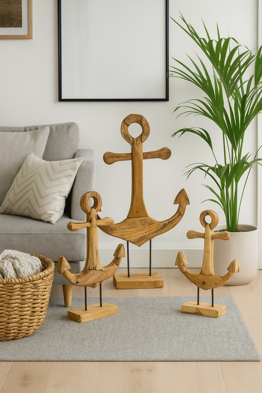 Teakholz-Anker - Dekorative Skulptur - Hochwertige Handgefertigte Handwerkskunst - Auf Sockel stehend - 50, 75 und 100 cm hoch