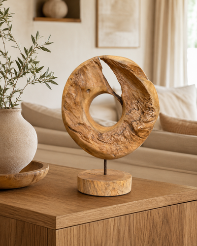 Unique piece: Teak wood decorative ring on a stand – Solid natural wood one-of-a-kind item for living room &amp; office