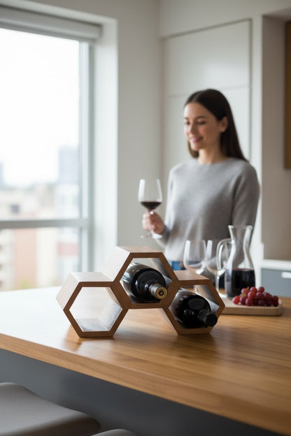 Casier à vin en bois – porte-bouteilles de vin – bar de cuisine salon – forme décorative en nid d’abeille – en bois de teck pour 3 bouteilles – 18 x 34 x 18 cm