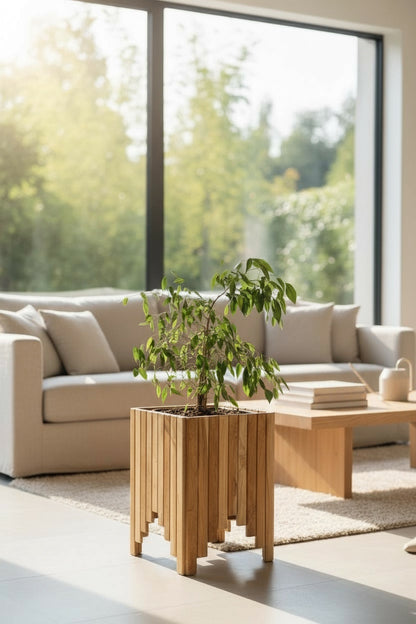 Jardinière en bois – jardinière de balcon – fait main – lattes verticales en bois – 45x35x35 cm