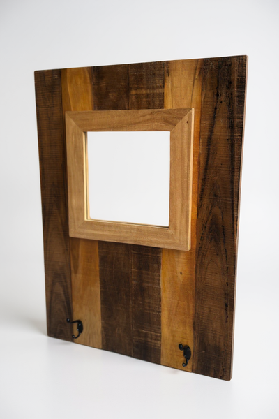 Porte-manteau mural avec miroir - Miroir intégré avec deux crochets - Moderne en acajou et teck - 70x50 cm