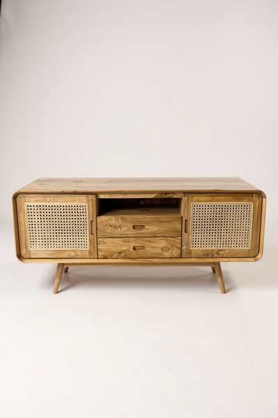 Rattan TV-Bank – Fernsehkommode Lowboard – Mit zwei Schubladen und drei Abstellflächen – Massiv Teakholz – 60x150x45 cm