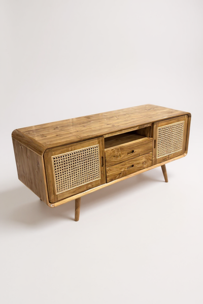 Rattan TV-Bank – Fernsehkommode Lowboard – Mit zwei Schubladen und drei Abstellflächen – Massiv Teakholz – 60x150x45 cm